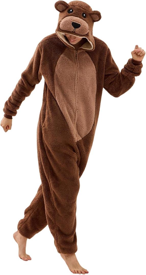 Adult Animal Onesie Pajamas Unisex Snug-Fit Sleepwear for Halloween Home Lounging Costume Parties (Medium, Bear)