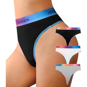 ASIMOON High Waisted Thongs for Women Comfy Cotton Underwear Stretch Ladies High Cut Panties 3 Pack