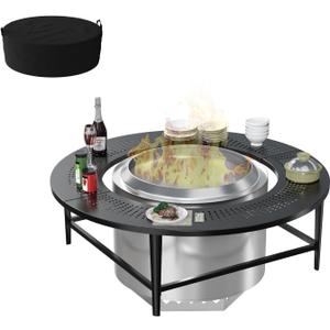 LS'BABQ 45" Fire Pit Surround Tabletop w/Waterproof Cover for Solo Stove Yukon & Bonfire Accessories, Round Outdoor Fire Pit Table for Most Wood-Burning Stoves,for Camping, Patio, Powder-Coated Steel