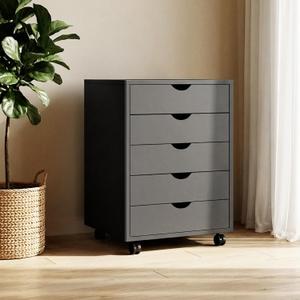 5 Drawer Mobile File Cabinet Under Desk Storage Organization with Wheels Vertical Filing Chest Rolling Wood Small Desk Printer Stand for Home Office, Black