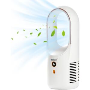Hiluce Desk Fan Bladeless,6 Speeds 11.8 Inch Portable Office Fan, Battery USB Fans,Easy to Clean, Small Quiet Table Fan for Personal Bedroom Home Office Desktop, White