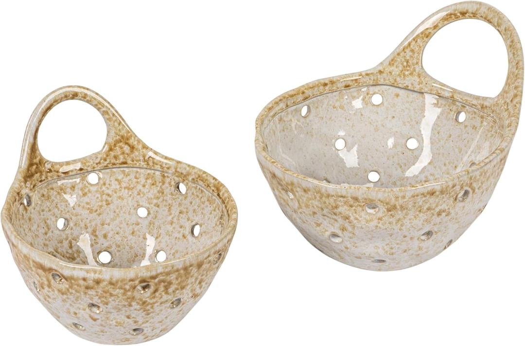 Creative Co-Op Stoneware Colanders with Handles, Set of 2 (6.5"W, Beige)