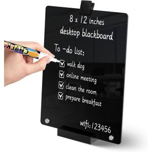 Acrylic Black Dry Erase Board with Stand - 12 x 8 Small Desktop Whiteboard with Marker, Reusable Desk Blackboard, to-Do List, Planner, Memo Clipboard, Menu Board for Office, Home, Bar (A4-1P)