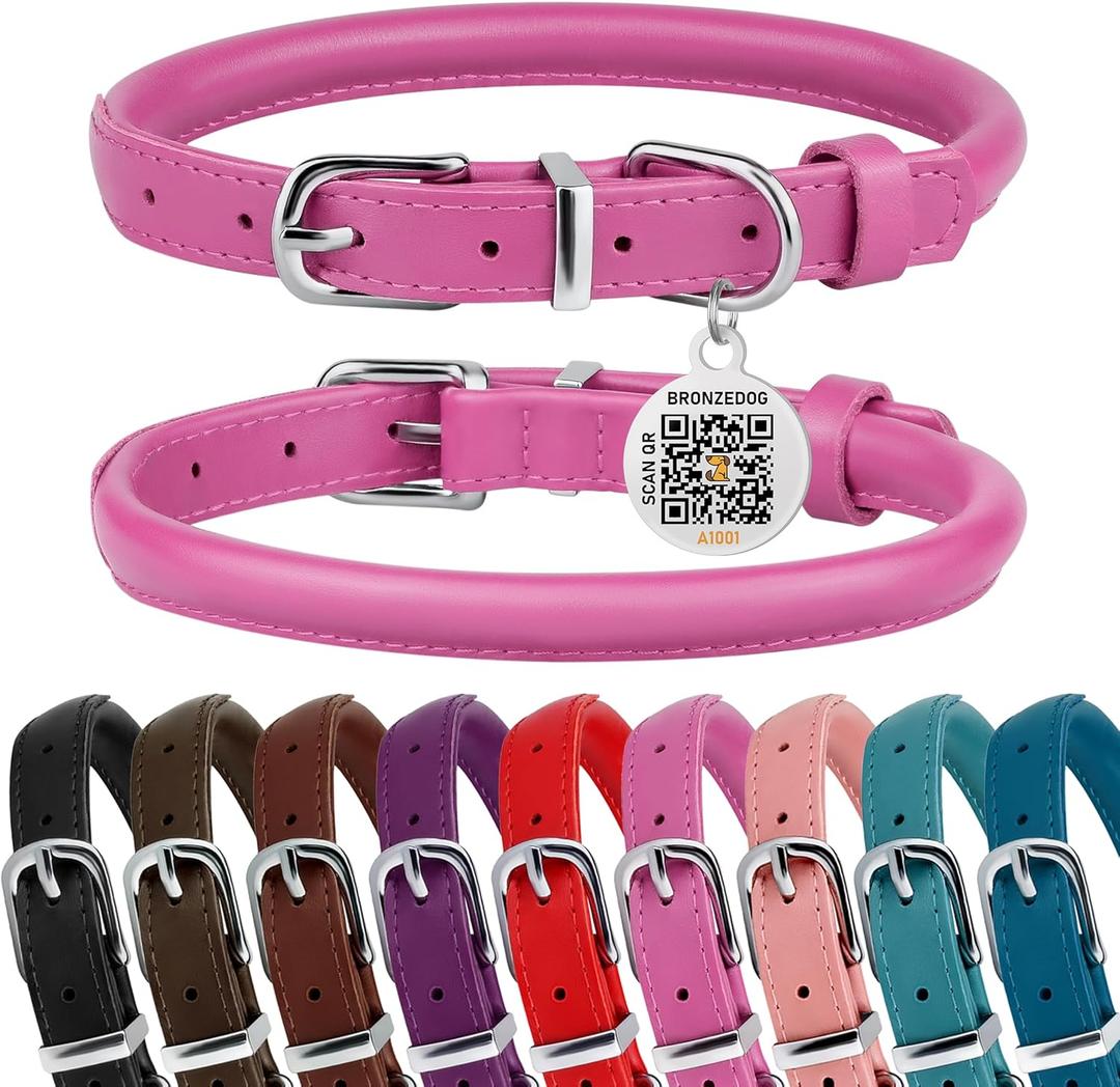 BRONZEDOG Rolled Leather Dog Collar for Small Medium Large Dogs with QR ID Tag (S: 12-14 Inch, Hot Pink)
