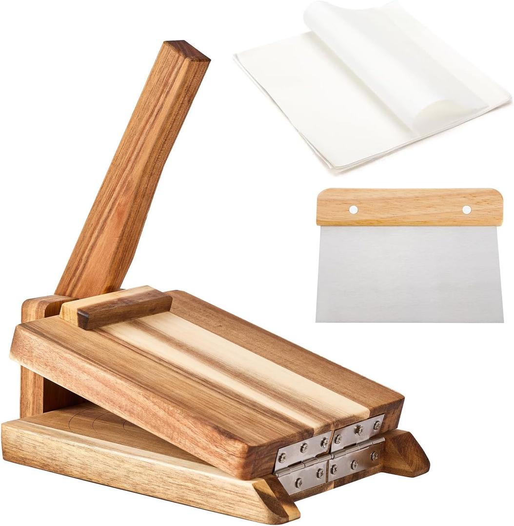 Wooden Tortilla Press with 50pcs Parchment Paper & Stainless Steel Dough Scraper, Large Mexican Square Flour Tortillera Presser Homemade for Tortillas Roti Burrito, Tacos, Pataconera, 8 inch