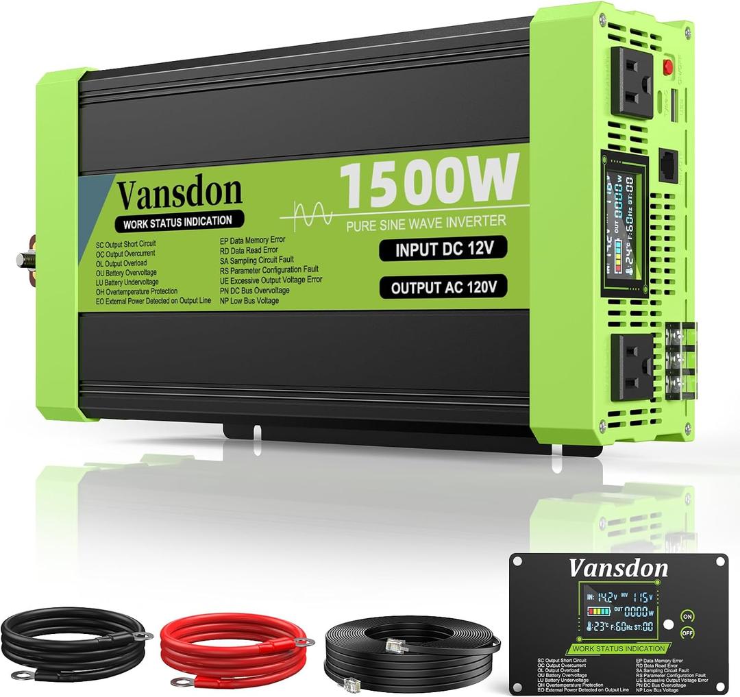 Vansdon 1500W Pure Sine Wave Inverter 12V DC to 120V AC Power Inverters for RV,Truck, Vehicles, Solar, Off-Grid, Car Power Inverter with LCD Display, 2 AC Outlet, 30W USB-C, 5V 2.1A USB, Surge 3000W
