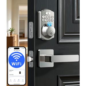 Veise VE012W-L Built-in Wi-Fi Fingerprint Smart Lock with Lever Handle Set, App Remote Control, Keyless Entry for Front Door, Deadbolt Digital Backlit Keypad, Voice Assistant, Auto Lock, Satin Nickel