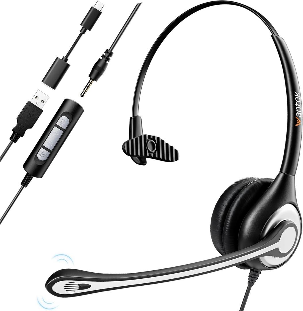 Wantek Headset wtih Mic, USB Headset with Microphone for PC, Computer Headset with Noise Canceling Microphone with Mute for Home Office Online Skype Zoom Meetings
