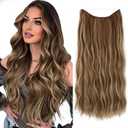 SARLA Invisible Wire Hair Extension with 3 Clips Synthetic Long Beach Wave Hairpiece Transparent Adjustable Headband for Women 24 Inch Medium Ash Brown