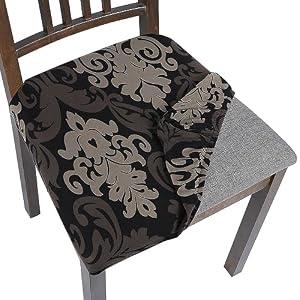 Seat Covers for Dining Room Chairs Stretch Printed Chair Seat Covers Set of 4, Removable Washable Upholstered Chair Seat Protector Cushion Slipcovers for Kitchen, Office(Black/Brown)