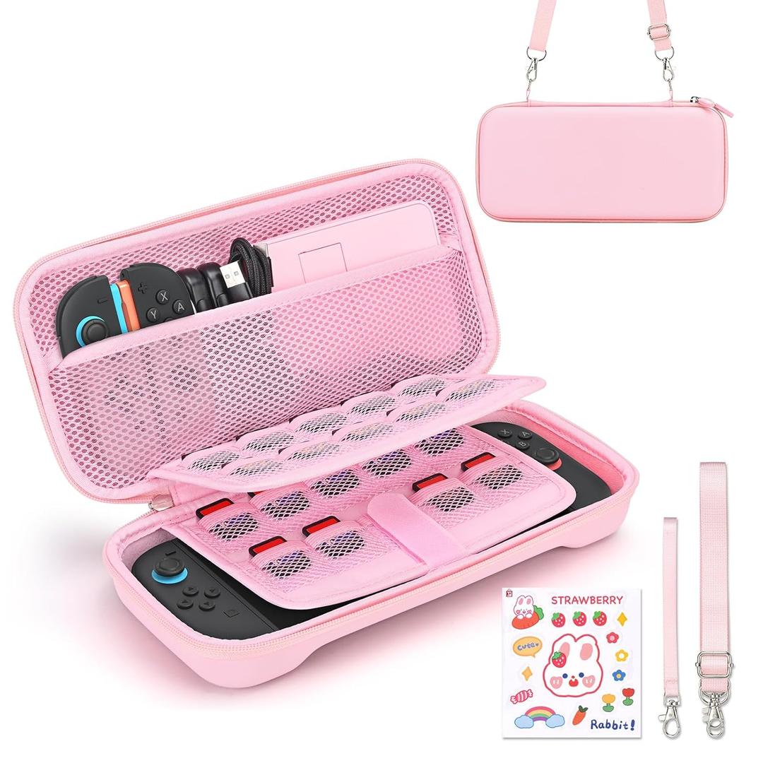 Younik Switch 2 Case Compatible with NS Switch 2 (2025), Carrying Case with 19 Game Card Slots, 4 in 1 Switch 2 Accessories Includes Shoulder Strap, Wrist Strap & Stickers (Pink)