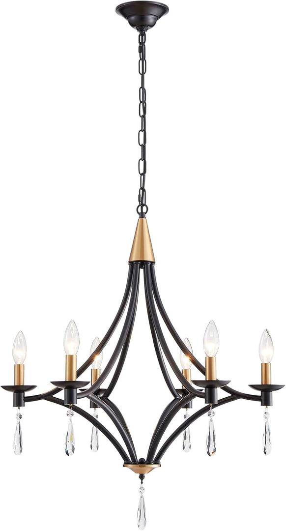 Modern Crystal Chandelier, 6-Lights Black and Gold Farmhouse Chandeliers for Dining Room Light Fixtures Hanging, Modern Black Pendant Light for Bedroom Foyer Living Room Kitchen Island Entryway Office