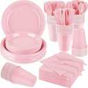 Aodaer 400 Pieces Pink Party Supplies Disposable Dinnerware Set Include Plastic Plates Cups Knives Forks Spoons Paper Napkins for Birthday Wedding Graduation Parties, Serve 50 Guests