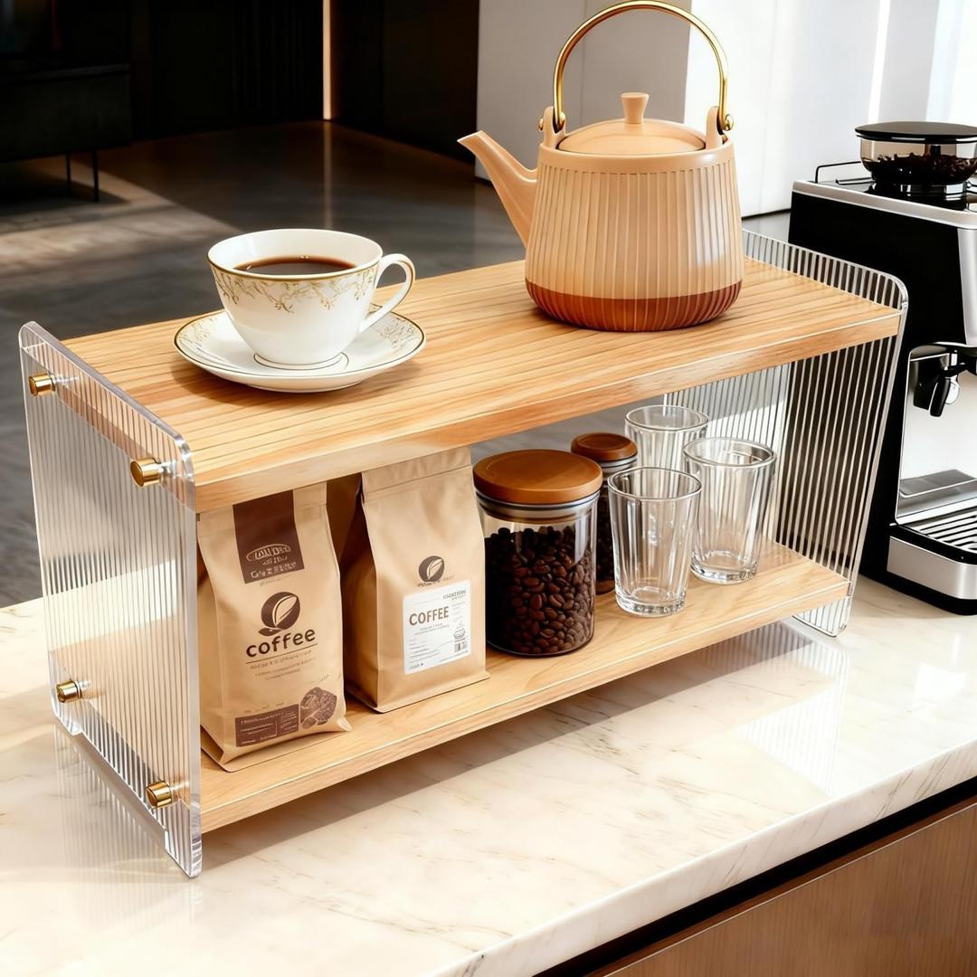 Coffee Station Organizer 2 Tier, Solid Wood Mug Shelffor Coffee Bar,Matcha Station,Tea Storage - Holds Mugs,Beans,Syrup,Cups,Tirrers (Solid Pine Wood Color, 15.4" L x 5.7" W x 8.2" H)