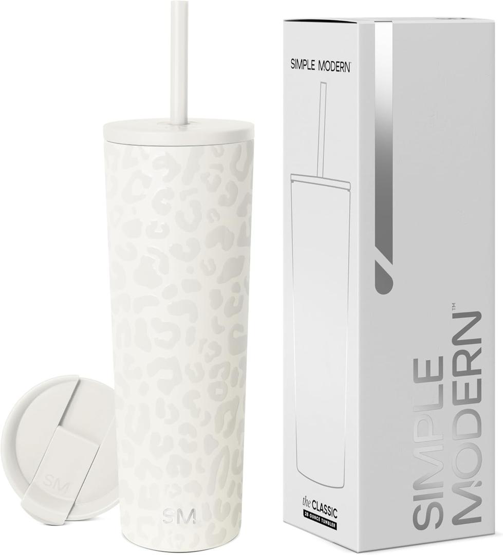 Simple Modern Insulated Tumbler with Lid and Straw | Iced Coffee Cup Reusable Stainless Steel Water Bottle Travel Mug | Gifts for Women Men Her Him | Classic Collection | 28oz | Cream Leopard