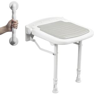 Wall Mounted Shower Seats with Bathroom Grab Bar, Support 550lbs, Adjustable Height Fold Down Shower Seat Wall Mounted, Folding Shower Bench Wall Mounted for Elderly-Adults-Pregnants-Seniors-Disabled