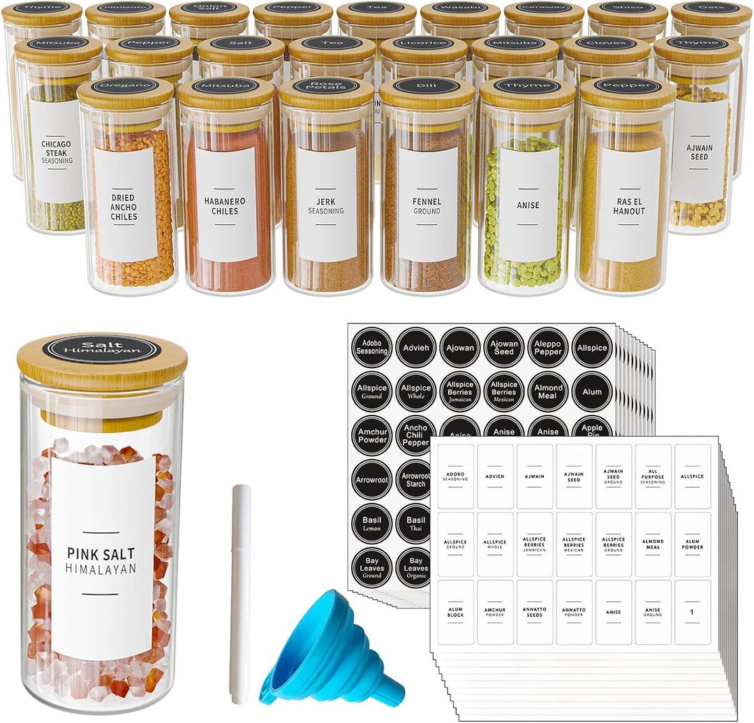 SpaceAid 24 Pcs Spice Jars with Bamboo Lids and Labels, Empty 4oz Glass Bottles, Minimalist Farmhouse Stickers with Funnel, Seasoning Containers for Spice Rack, Cabinet and Drawer