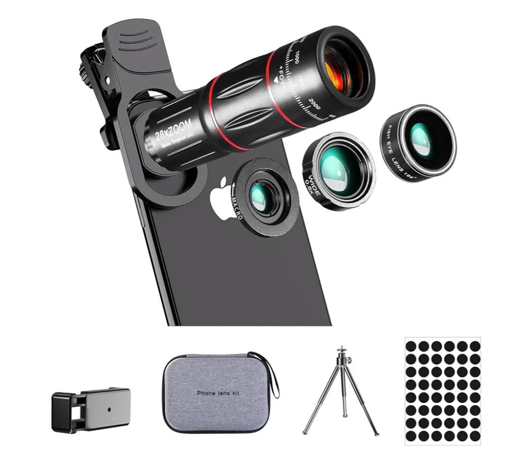 Phone Camera Lens Kit Upgraded Version Telephoto 28X Wide Angle 0.6X Macro 20X Fisheye 198° for Most