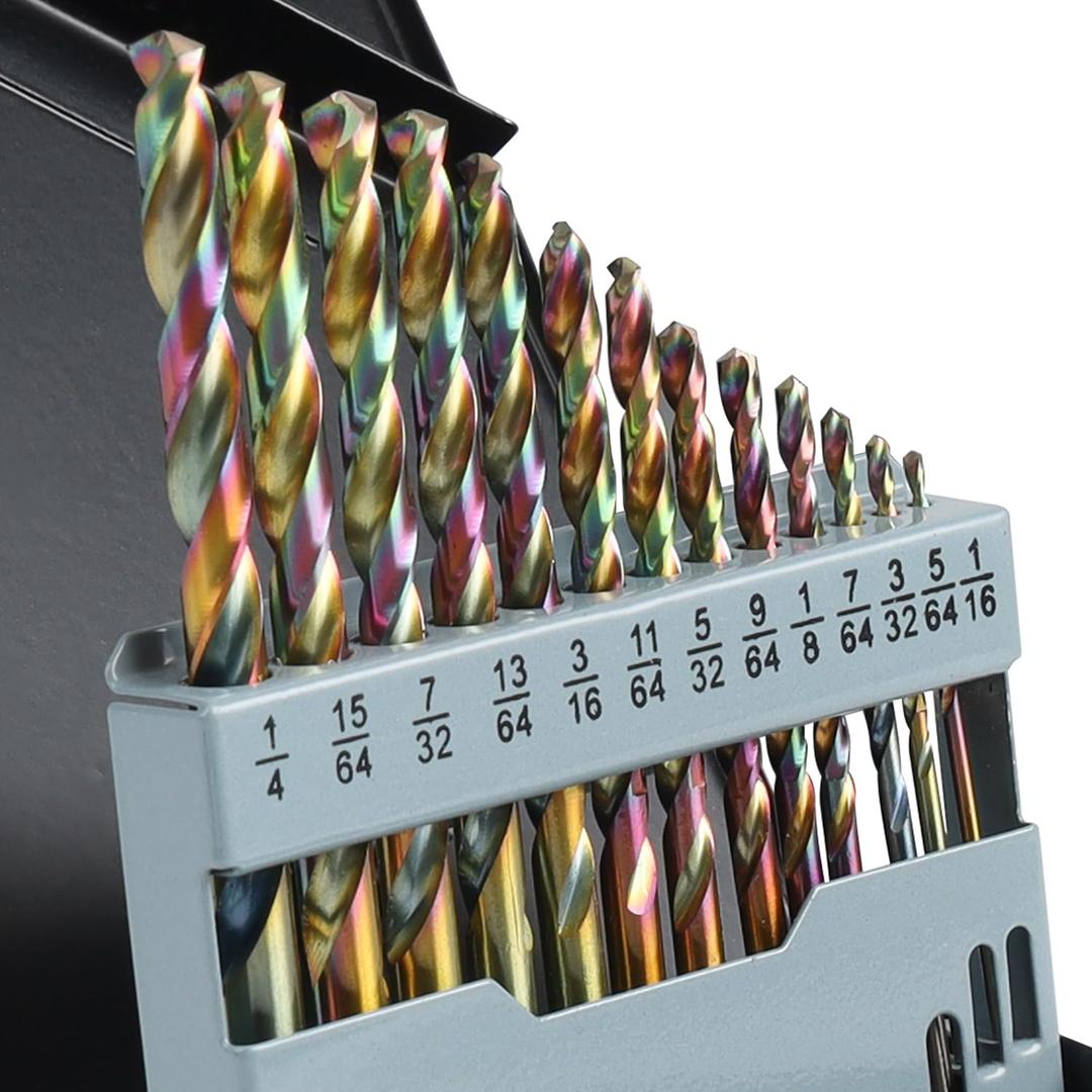Lichamp Drill Bit Set, 13Pcs M2 HSS Cobalt Drill Bits from 1/16" to 1/4" for Metal, Cast Iron, Stainless Steel and Plastic with Durable Index Metal Storage Case, Colorful Titanium Plating