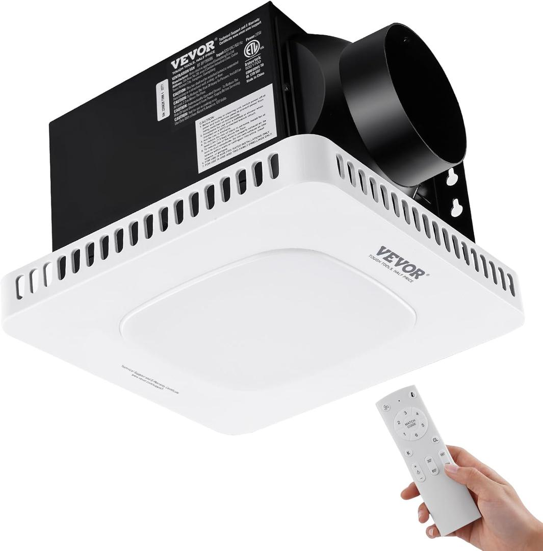 VEVOR Bathroom Exhaust Fan, 110 CFM High-Efficiency Ventilation, Remote Control, 1.5sones Low Noise Bathroom Ceiling Fan with LED Light 3000/4000/5000K, Energy-Saving, Timer