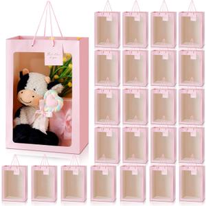 Yahenda 24 Pcs Graduation Gift Bags with Clear Window 13.8 x 9.8 x 5.9 Large Transparent Paper Flower Bouquet Bags Totes with Handle for Grad Wedding Birthday(Pink)