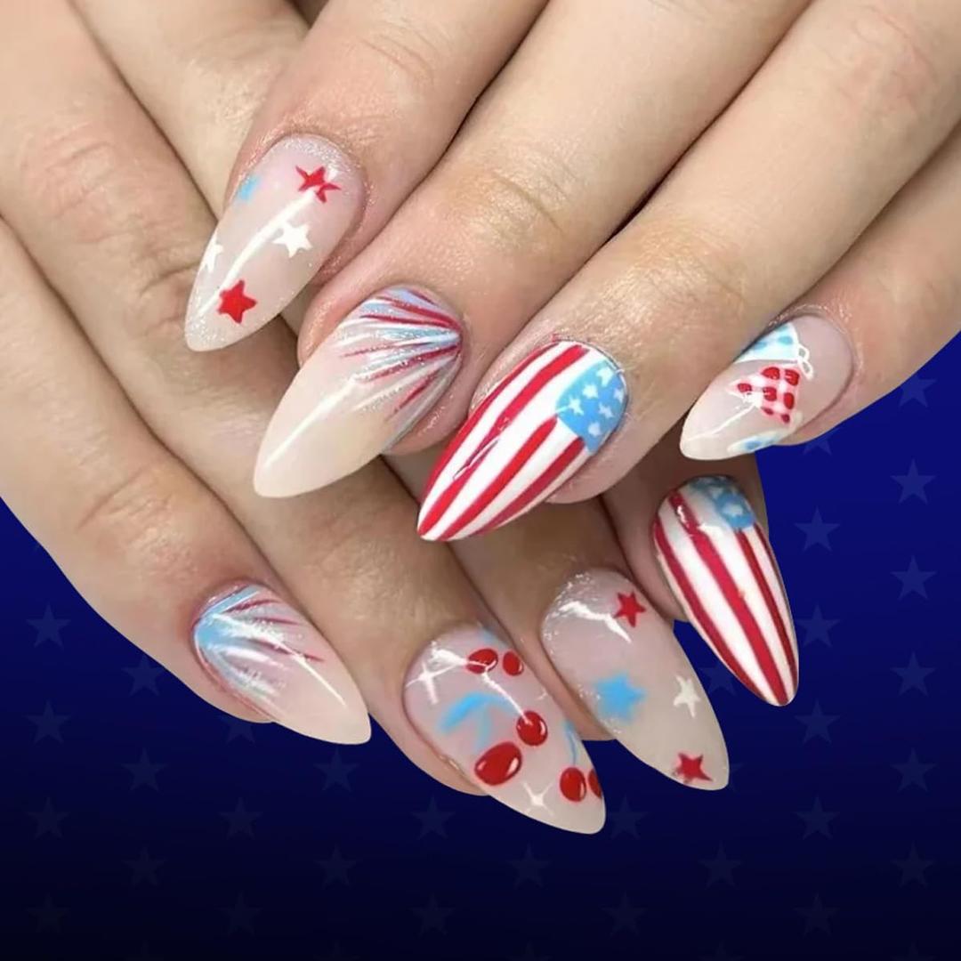 4th of July Press on Nails Medium Almond Patriotic Fake Nails with American Flag, Star, Fireworks & Cherry Designs, Independence Day Stick On Nails for Women 24Pcs