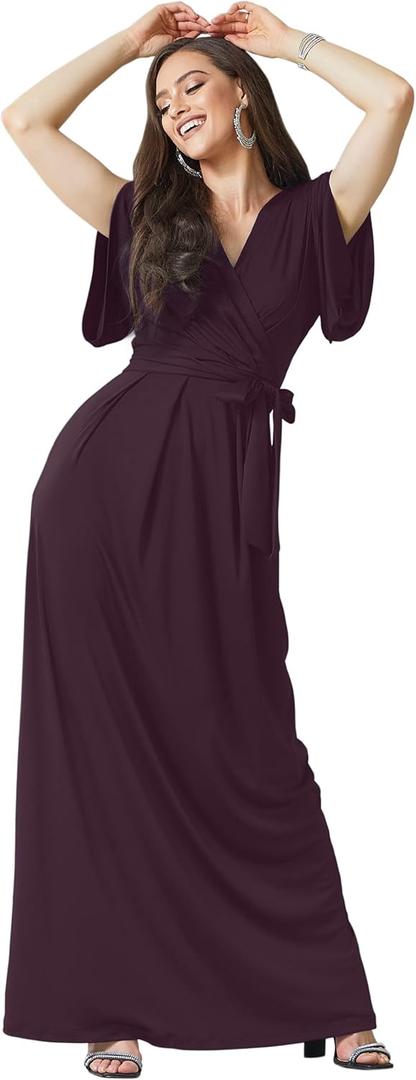 KOH KOH Formal Short Sleeve Cocktail Flowy V-Neck Gown (Large, Sangria Wine)