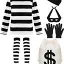 QZYL Kids Robber Cosplay Set, Black and White Striped Shirt Beanie Cap Bag Mask Socks Set for Halloween Cosplay Burglar (Small)