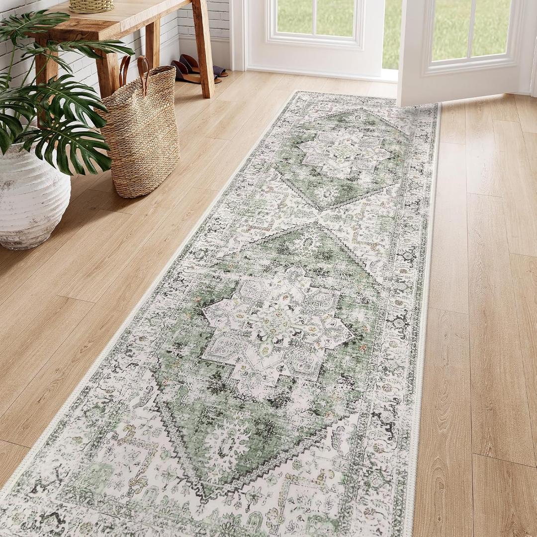 LIVEBOX Sage Green Runner Rug Non-Slip 2.5x8 - Oriental Bedroom Rugs Long Hallway Rugs for Home Decor, Low-Pile Vintage Carpet for Bathroom, Non-Slip Soft Carpet Throw Rug for Laundry Room