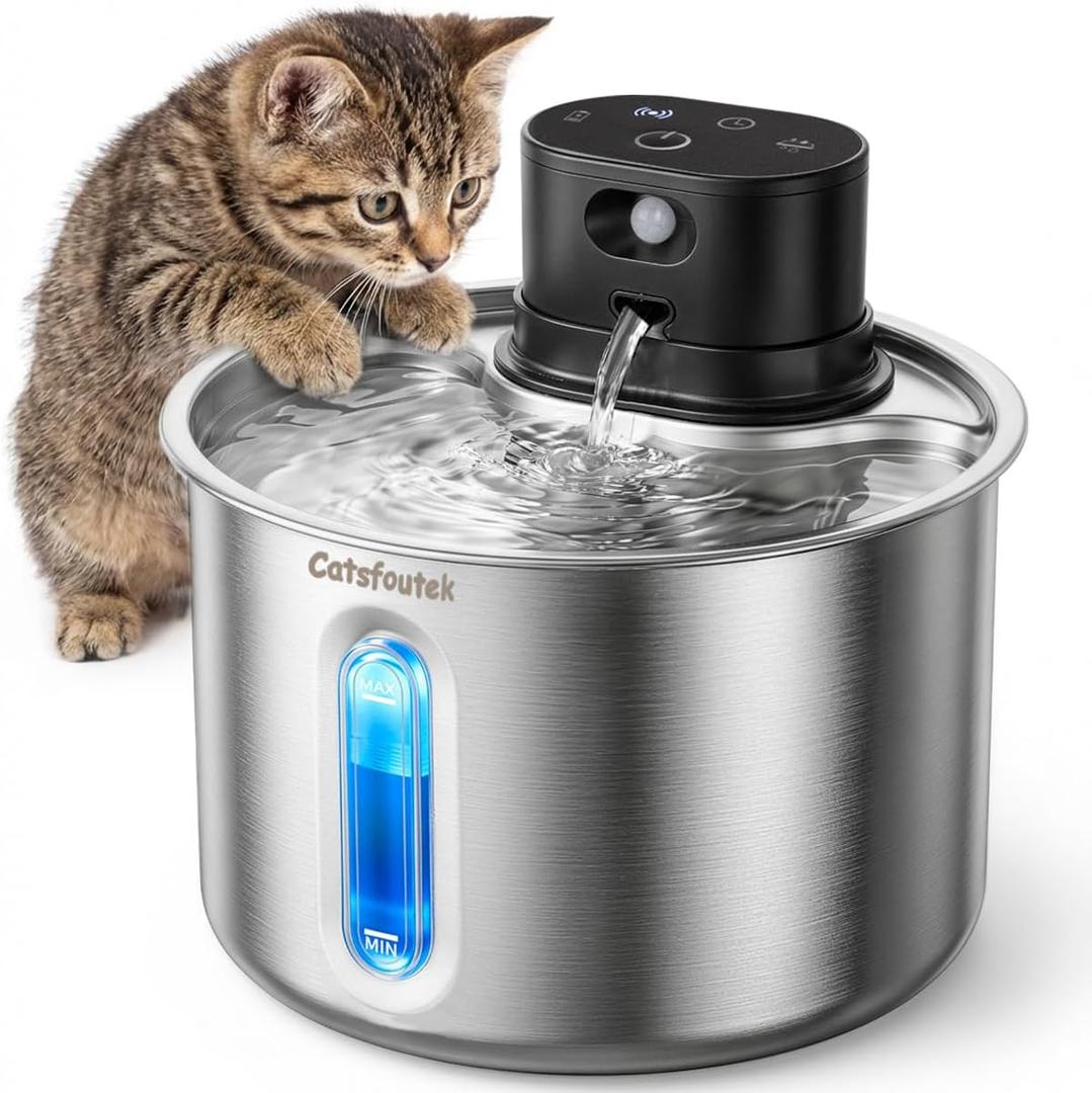 Wireless Cat Water Fountain Cordless Stainless Steel Cat Fountain Battery Operated 74oz/2.2L Rechargeable Automatic Pet Water Fountain for Cats Indoor
