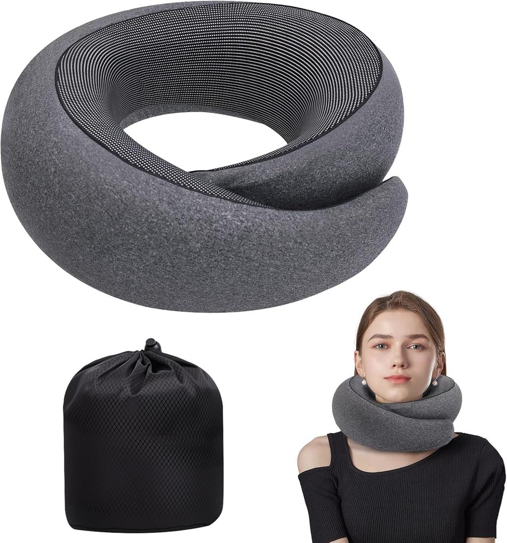 Neck Pillow Airplane, Travel Pillows for Airplanes, Memory Foam Adjustable Portable Neck Pillow for Traveling, Car Rides, and Home Use (Dark Gray)