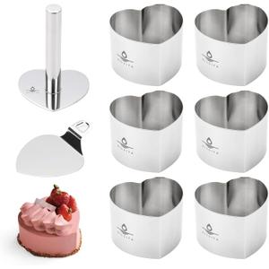 Heart Cake Ring Molds, Seamless Stainless Steel Cake Cutter For Baking, 3 inch Cooking Rings with Pusher & Lifter, Dessert Mousse Molds Baking Tools, Includes 1 Pusher, 1 Lifter and 6 Rings