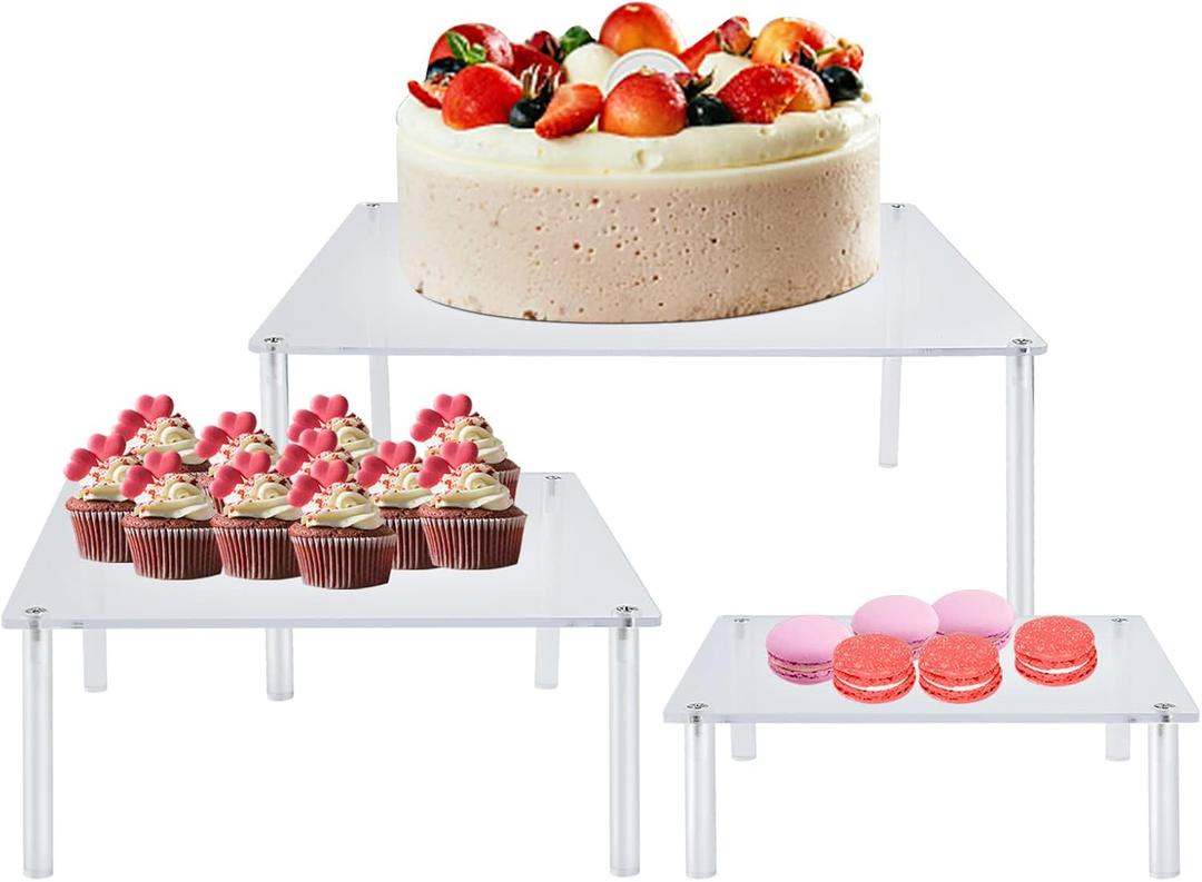 3 Pcs Square Acrylic Cake Stands, Akamino Reusable Round Cupcake Holder for Dessert Cake Pizza, Display Stand Party Serving Platter for Christmas Wedding Birthday Baby Shower Tea Party