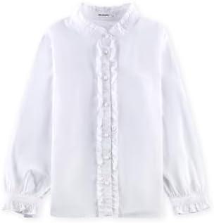 SOLOCOTE Girls White Blouse Ruffle Long Sleeve Button Down Shirts Princess Cotton Loose Soft Tops Spring and Summer 10 Y