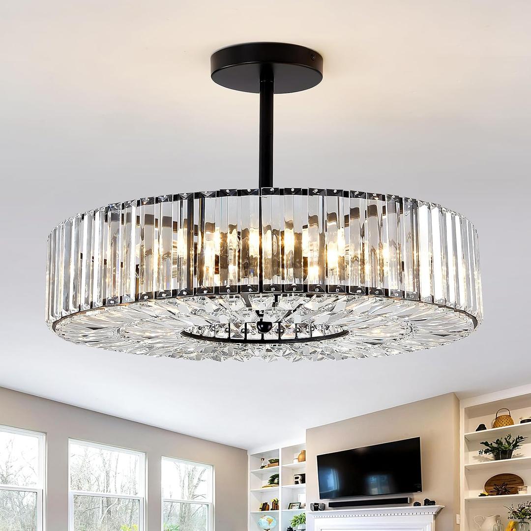 Piepooye 8 Lights Modern Large Crystal Chandelier Black Round Semi Flush Mount Ceiling Light Fixture Farmhouse Chandelier for Dinning Room Living Room Bedroom Hallway Entryway Kitchen, 21.65 inches