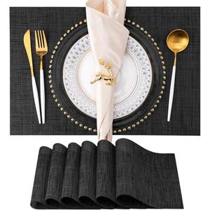 Placemats Set of 6 Washable Indoor/Outdoor Vinyl Place Mats for Dining Table PVC Weave Table Mats(Black)