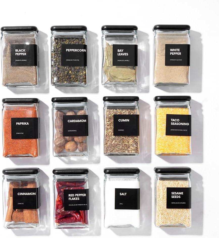 APT 1101 4 oz Glass Square Spice Jars with Labels, Glass Jars with Bamboo Lids, Spice Bottles, Seasoning Organizer, 12 Pack (Black)