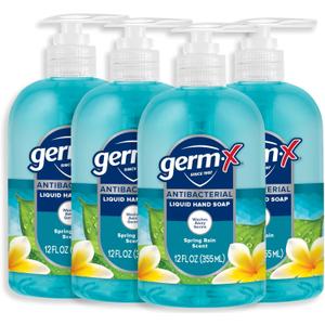 Germ-X Antibacterial Hand Soap, Moisturizing Liquid Hand Wash for Kitchen or Bathroom, pH Balanced & Dermatologist Tested, Back to School Supplies, Spring Rain, 12 oz Pump Bottle (Pack of 4)