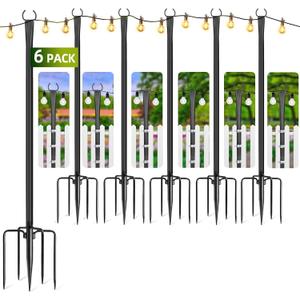 6 Pack String Light Poles for Outside, 10ft Metal Outdoor String Light Poles for Deck - Ideal for Patio, Garden, Yard, Front Porch Decorations, Black