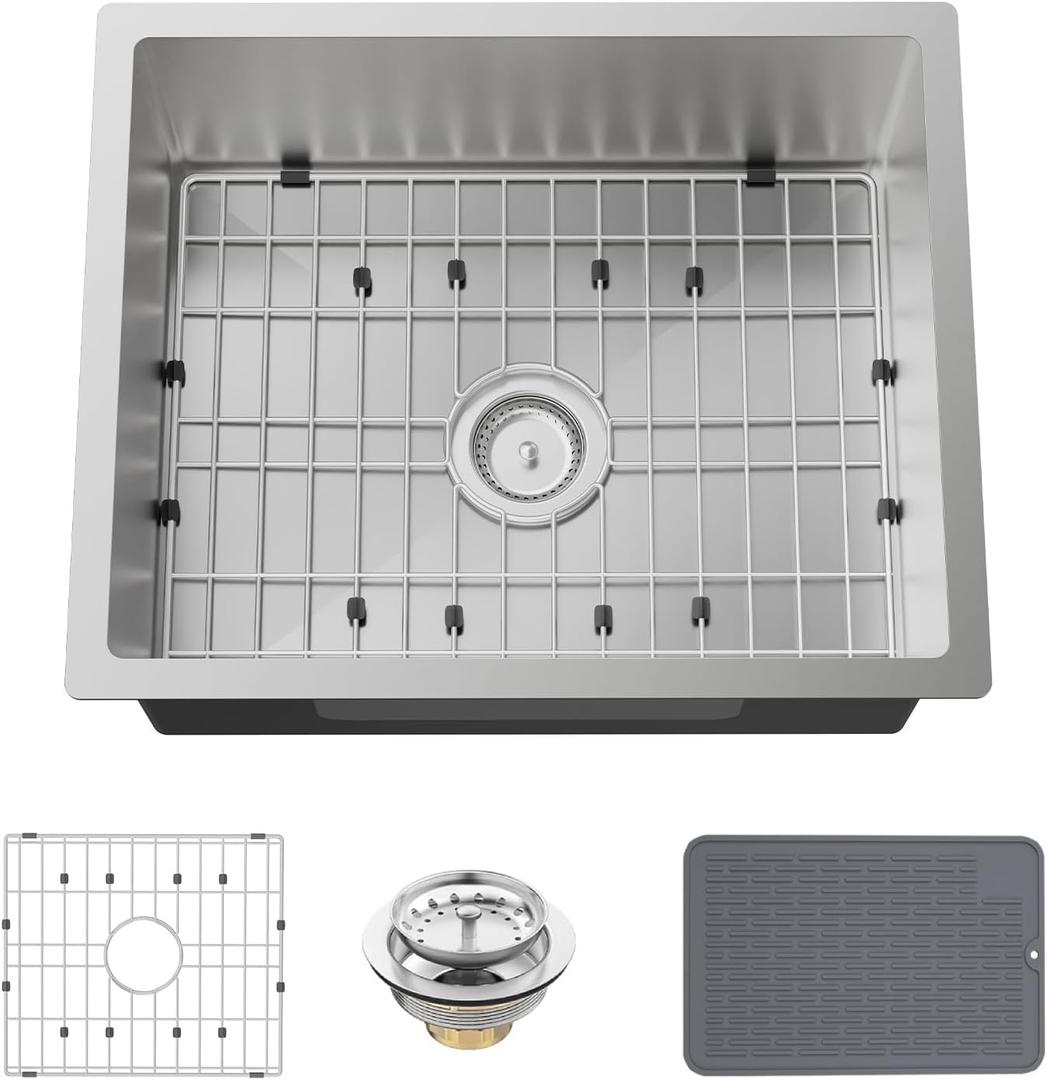 Stainless Steel Undermount Single Bowl Sink - 22x18 Inch Modern Bar & Kitchen Combo - SS Grid, Silicon Mat, Drain Strainer Set