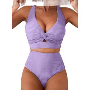 Herseas Women's Textured Bikini Sets Twist Front Top Swimsuits High Waisted Bathing Suits (Purple, M)