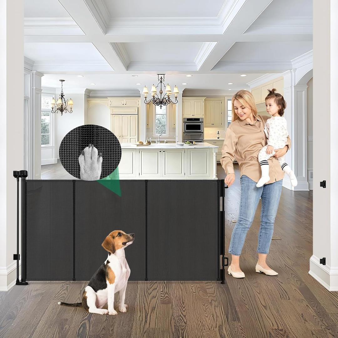 Reinforced 85" Wide Retractable Baby Gates Extra Wide Retractable Dog Gate with Support Rods  Prevent Crawling Under, Indoor Wide Baby Gate Outdoor Retractable Gate, Puppy Gates for The House, Black