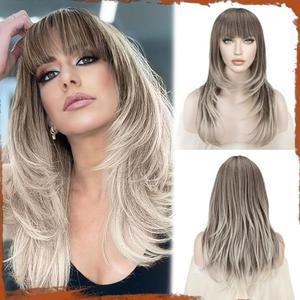 SOFEIYAN Long Straight Layered Wig with Bangs 24 Inch Synthetic Natural Hair Wig Soft Heat Resistant Long Wigs for Women Daily Party Use