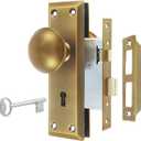 Mortise Lock Set for Interior Door, Vintage Antique Brass Door Knobs with Lock and Skeleton Key, Replacing Old Style Doors