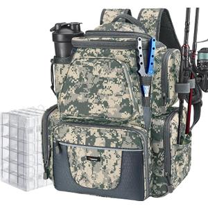 Piscifun Fishing Backpack with 2 Rod Holders & 4 Tackle Boxes, Large Tackle Storage Bag With Rain Cover for Fishing Gear (Digital Camouflage)