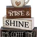 4 x Moucuny 4 Pcs Farmhouse Coffee Bar Sign Decor Wooden Cup Rise & Shine It's Coffee Time Rustic Wood Cafe Sign Gift for Home Kitchen Tabletop Decor