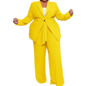 IyMoo Plus Size Suits for Women Business Open Front Long Sleeve Blazer Elastic Waist Solid Straight Leg Pant Set Suits (Yellow)