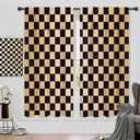 2 x Brown Black Checkered Abstract Retro Living Room Bedroom Window Curtains, 42"W x 63"L