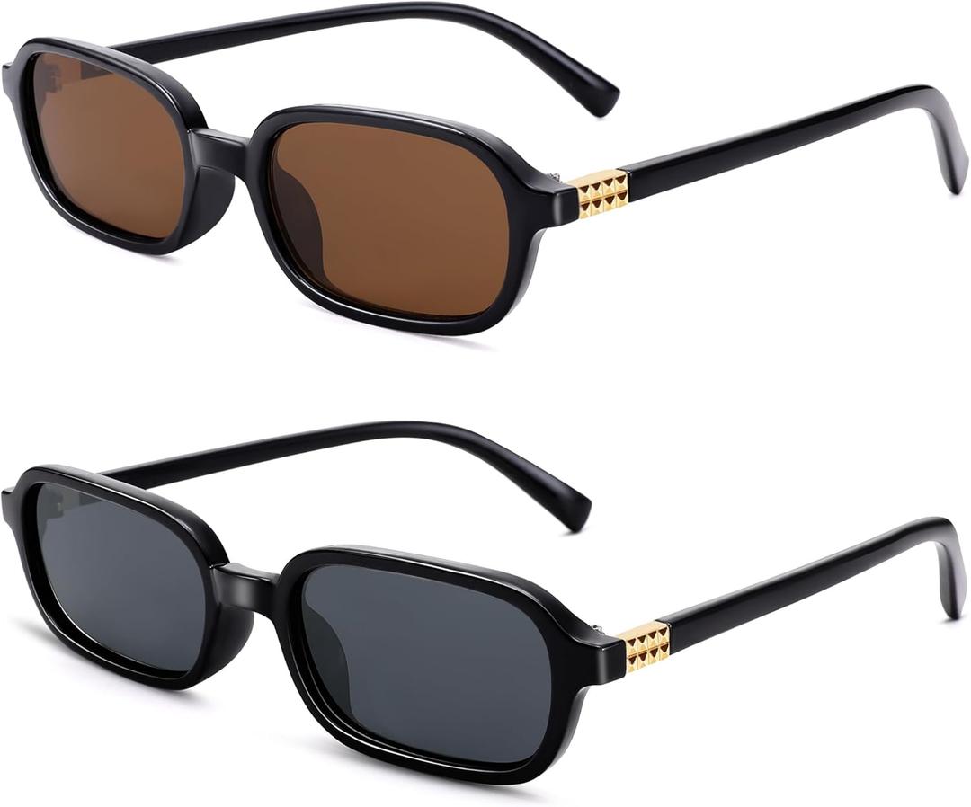 NULOOQ Retro Rectangular Sunglasses for Women, 90s Trendy Small Narrow Square Frame Sun Glasses (A1* (Black Frame/Brown Lens + Black Frame/Gray Lens) - 2 Pack)