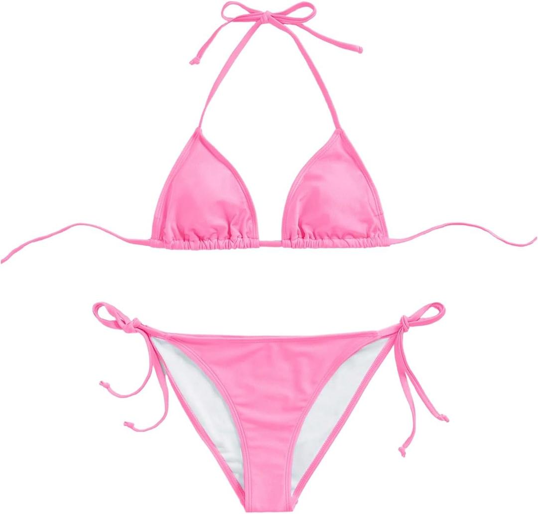 SHENHE Women's Triangle Bikini Set Halter 2 Piece Swimsuit Sexy String Tie Side Bathing Suit (Pink, L)